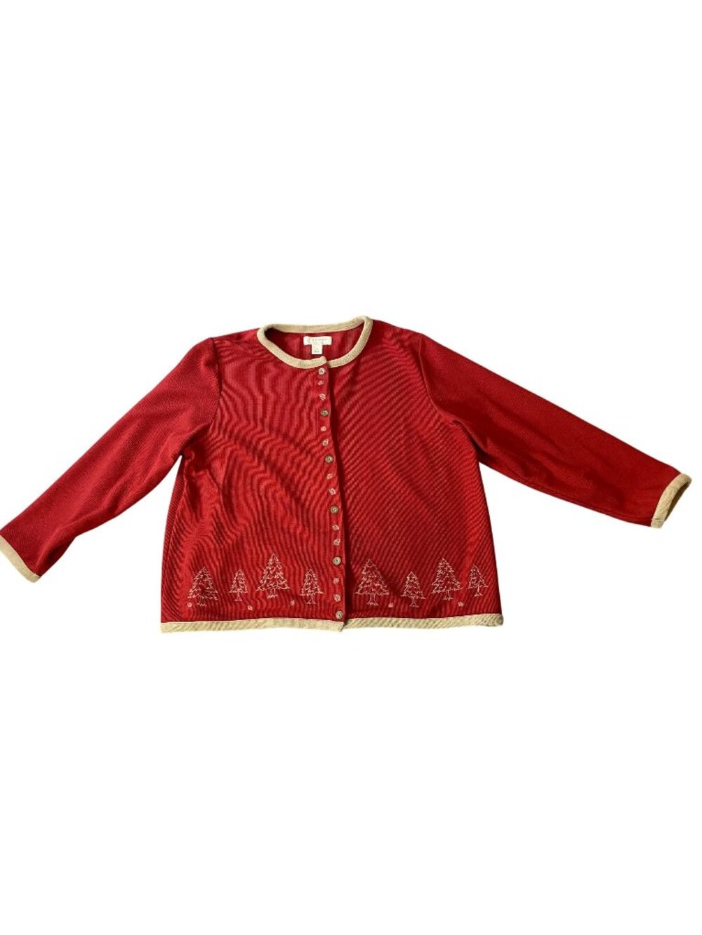 C.J Banks Holiday Red Cardigan Sweater Embroidered Christmas Tree Design Size 1X